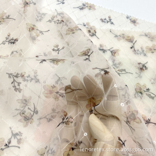 100% Nylon Flower Printing Diamond Checked Knitted Fabric